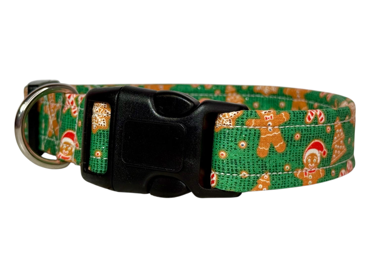 Christmas Gingerbread man Handmade dog collar: Adjustable side release, washable cotton fabric, webbing core, customizable hardware