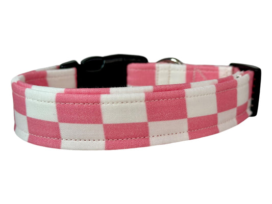 Pink and white Retro Checkered dog collar, handmade side release dog collar
