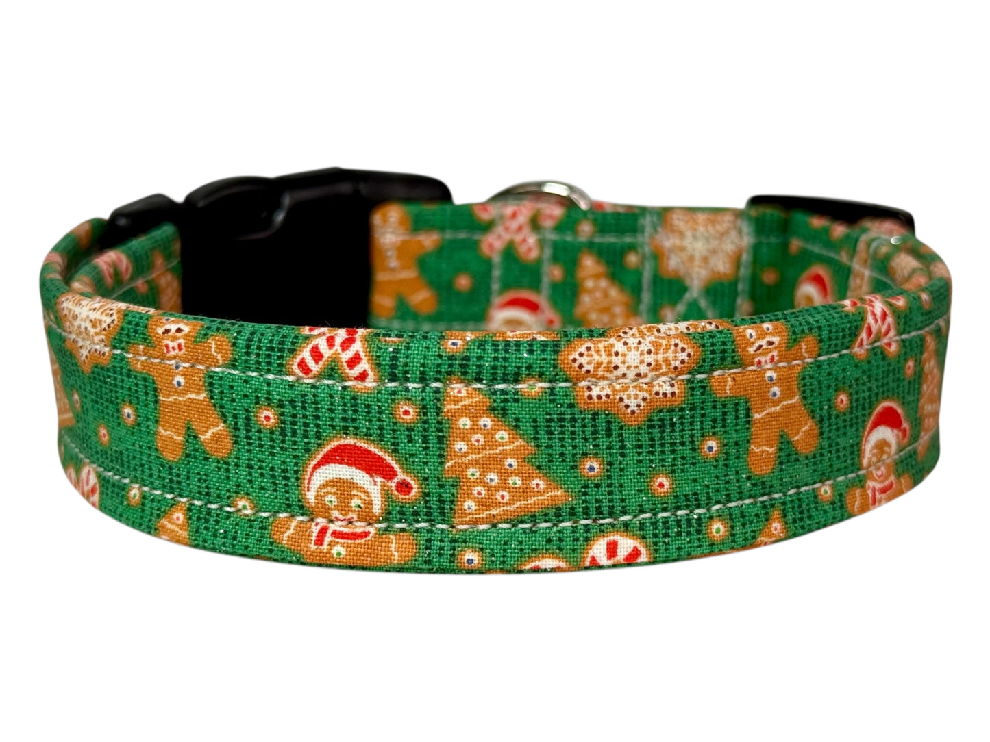 Christmas Gingerbread man Handmade dog collar: Adjustable side release, washable cotton fabric, webbing core, customizable hardware