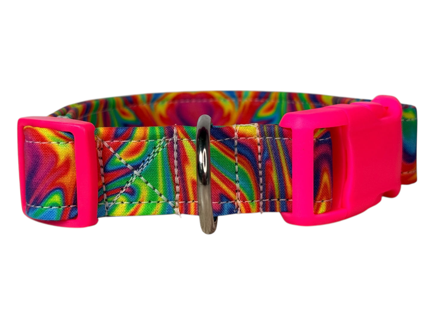 Neon Psychedelic Rainbow Handmade dog collar,  Handmade Pet Collar with Heavy-Duty Webbing & Stainless Steel Hardware