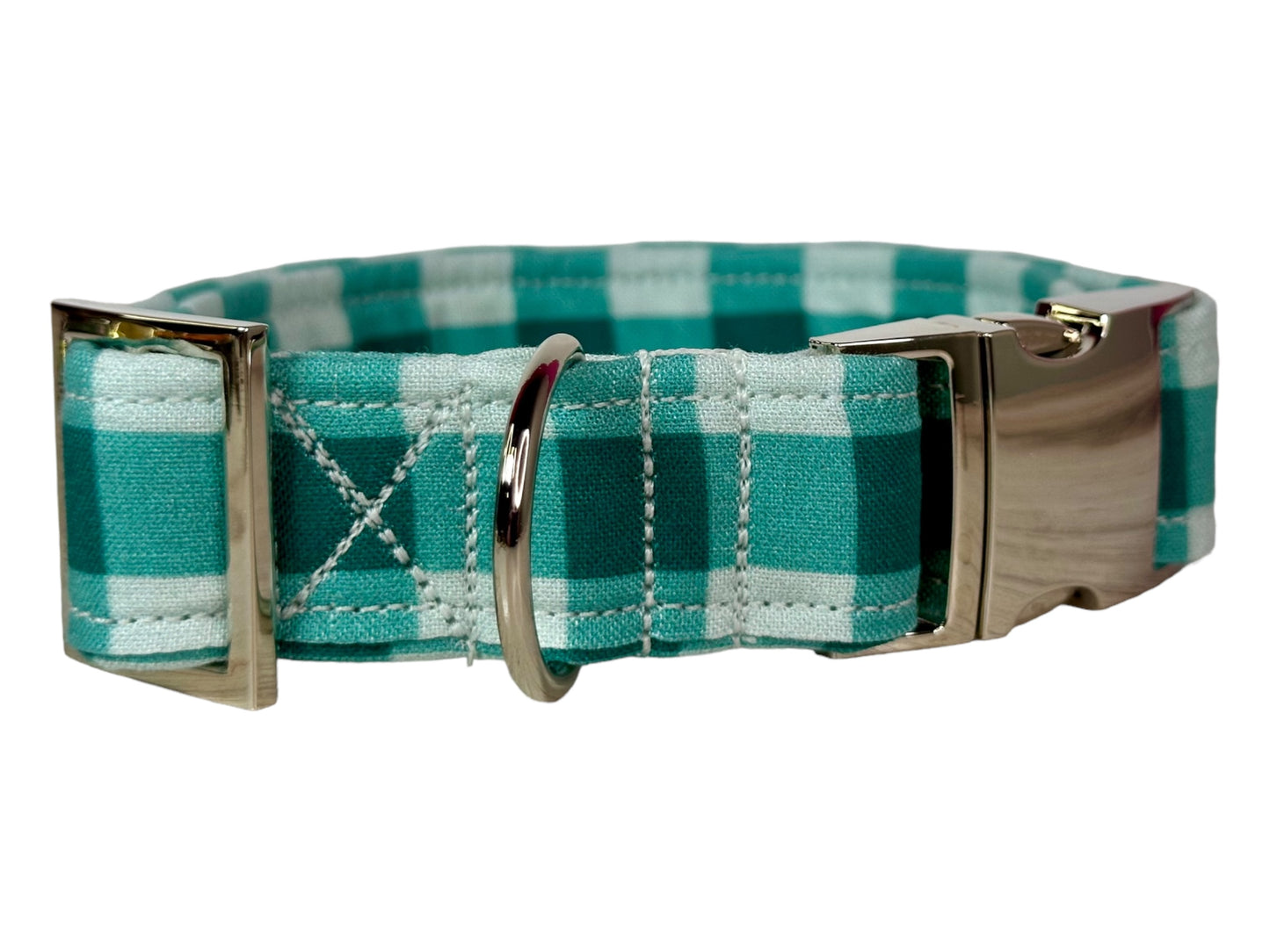 Teal Checkered - Personalized Engraved Dog collar - Metal Side release dog collar