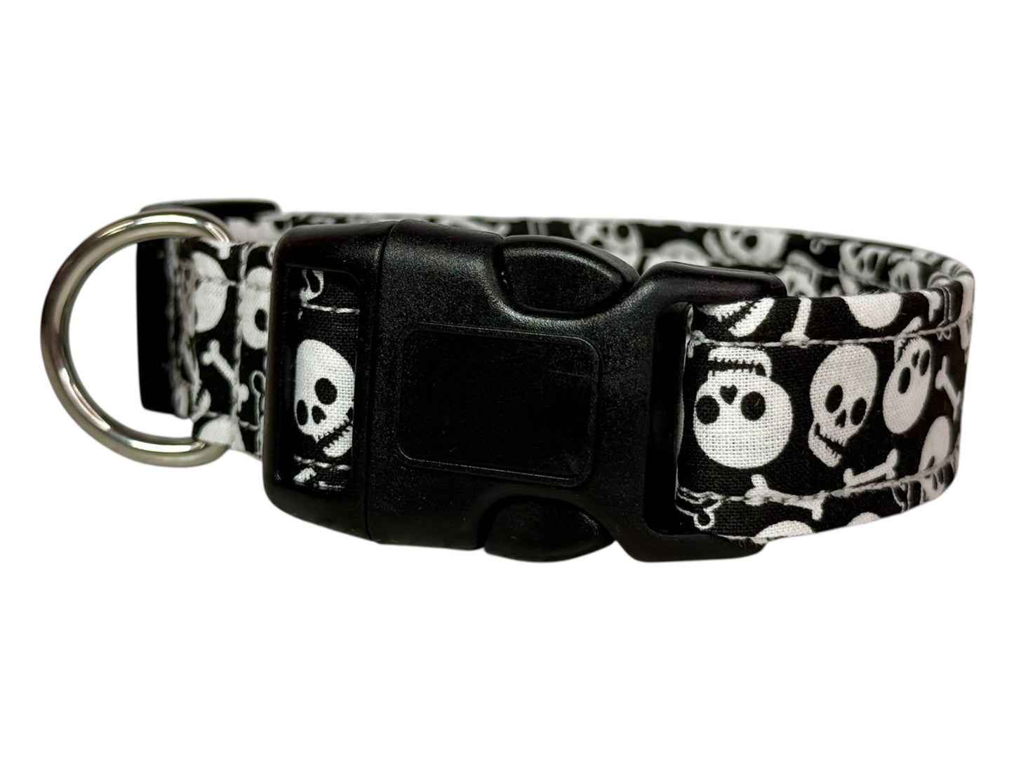 Skulls Halloween Handmade dog collar: Adjustable side release, washable cotton fabric, webbing core, customizable hardware