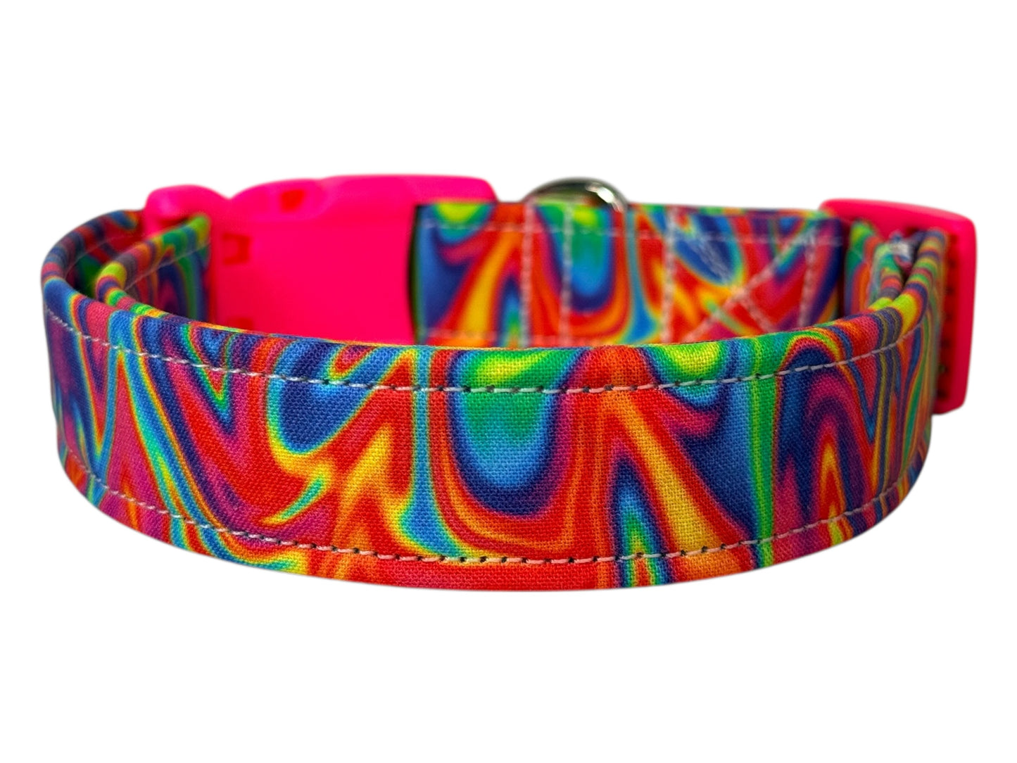 Neon Psychedelic Rainbow Handmade dog collar,  Handmade Pet Collar with Heavy-Duty Webbing & Stainless Steel Hardware