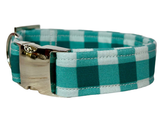 Teal Checkered - Personalized Engraved Dog collar - Metal Side release dog collar