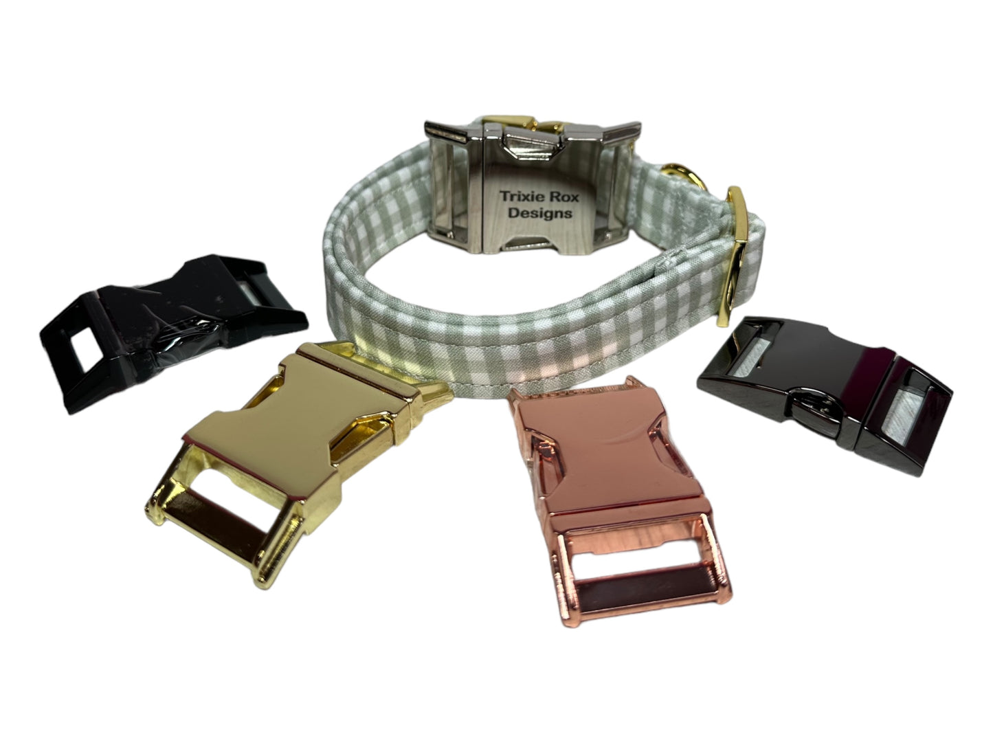 Sage Green Gingham - Personalized Engraved Dog collar - Metal Side release dog collar