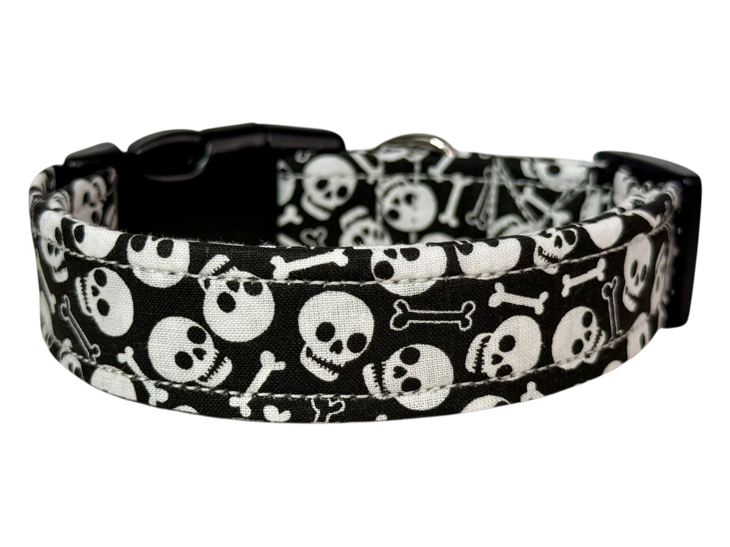 Skulls Halloween Handmade dog collar: Adjustable side release, washable cotton fabric, webbing core, customizable hardware