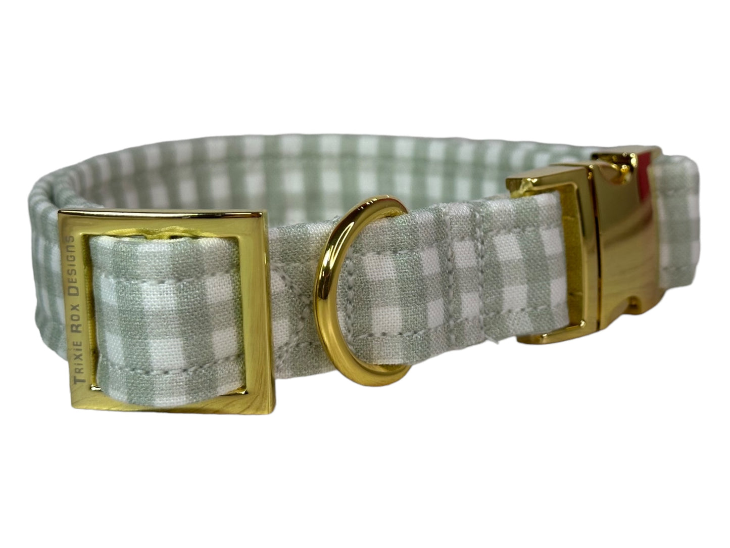 Sage Green Gingham - Personalized Engraved Dog collar - Metal Side release dog collar