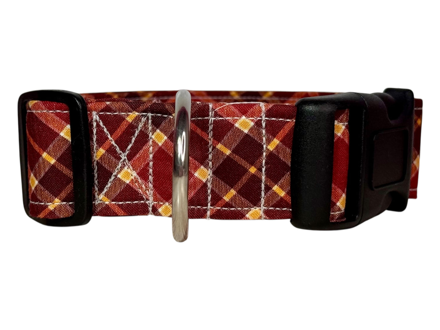 Fall Plaid Handmade dog collar: Adjustable side release, washable cotton fabric, webbing core, customizable hardware