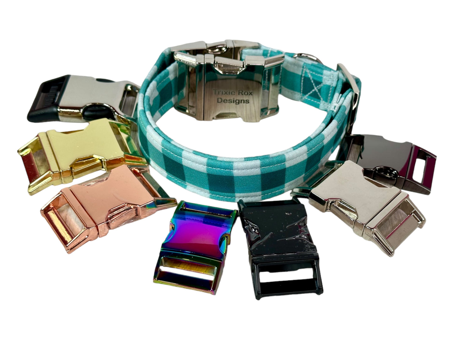 Teal Checkered - Personalized Engraved Dog collar - Metal Side release dog collar