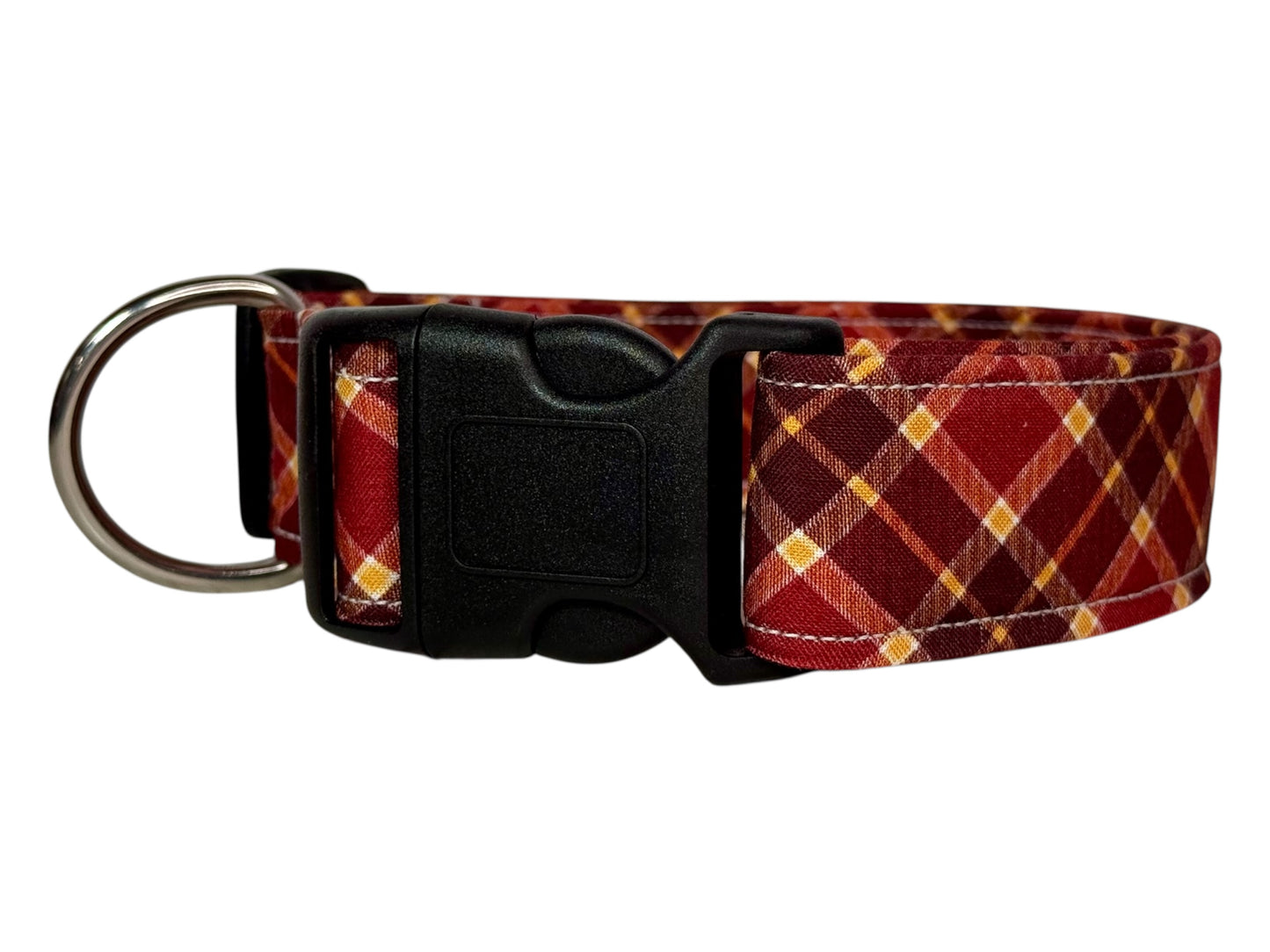 Fall Plaid Handmade dog collar: Adjustable side release, washable cotton fabric, webbing core, customizable hardware