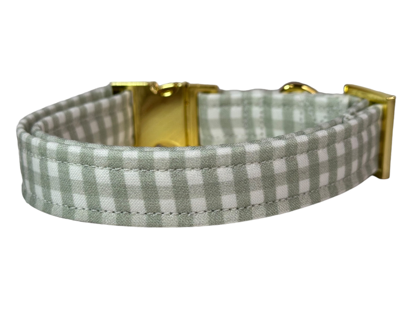 Sage Green Gingham - Personalized Engraved Dog collar - Metal Side release dog collar