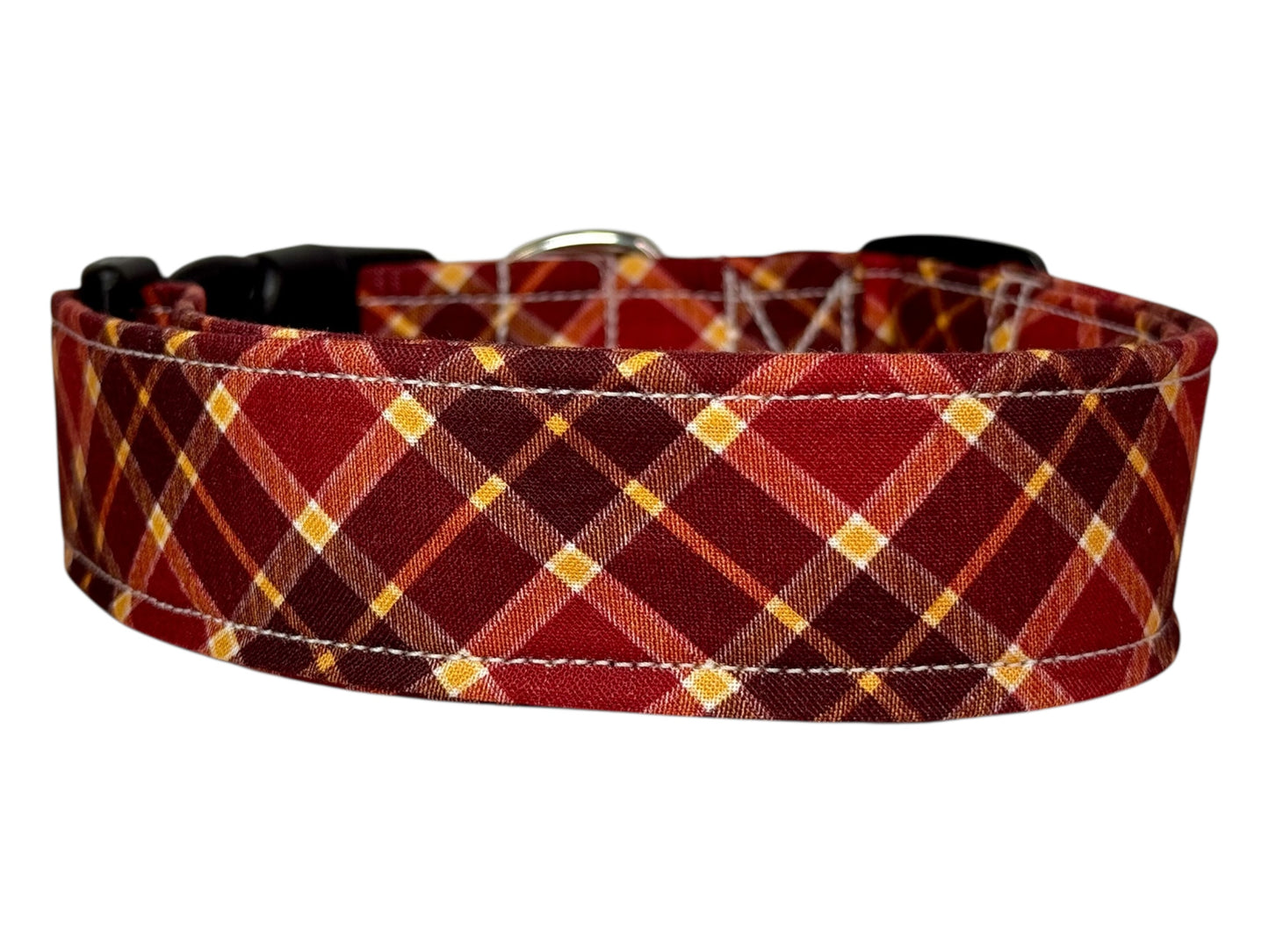Fall Plaid Handmade dog collar: Adjustable side release, washable cotton fabric, webbing core, customizable hardware