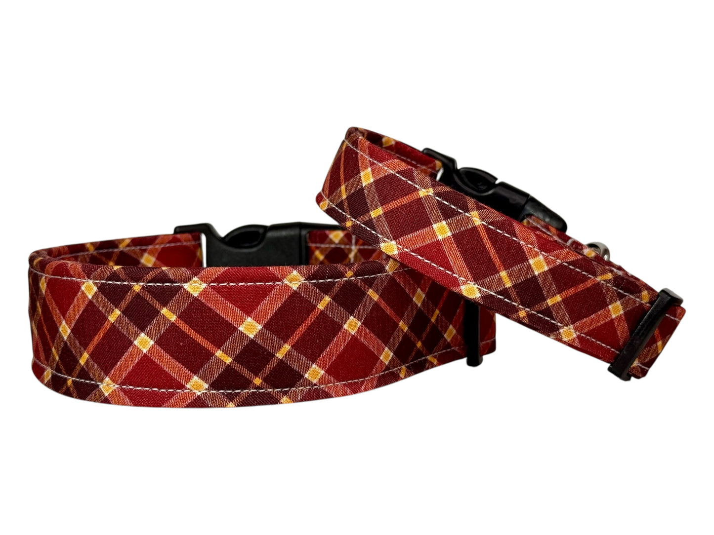 Fall Plaid Handmade dog collar: Adjustable side release, washable cotton fabric, webbing core, customizable hardware