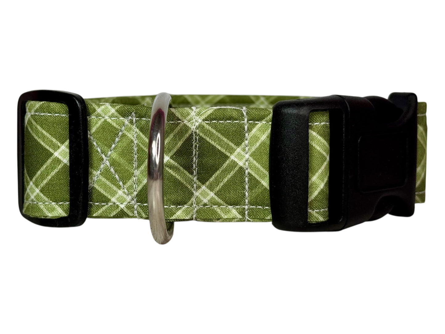 Green Plaid Handmade dog collar: Adjustable side release, washable cotton fabric, webbing core, customizable hardware