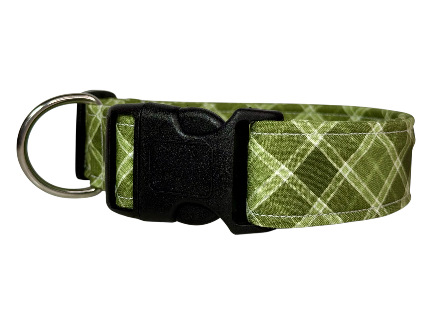 Green Plaid Handmade dog collar: Adjustable side release, washable cotton fabric, webbing core, customizable hardware
