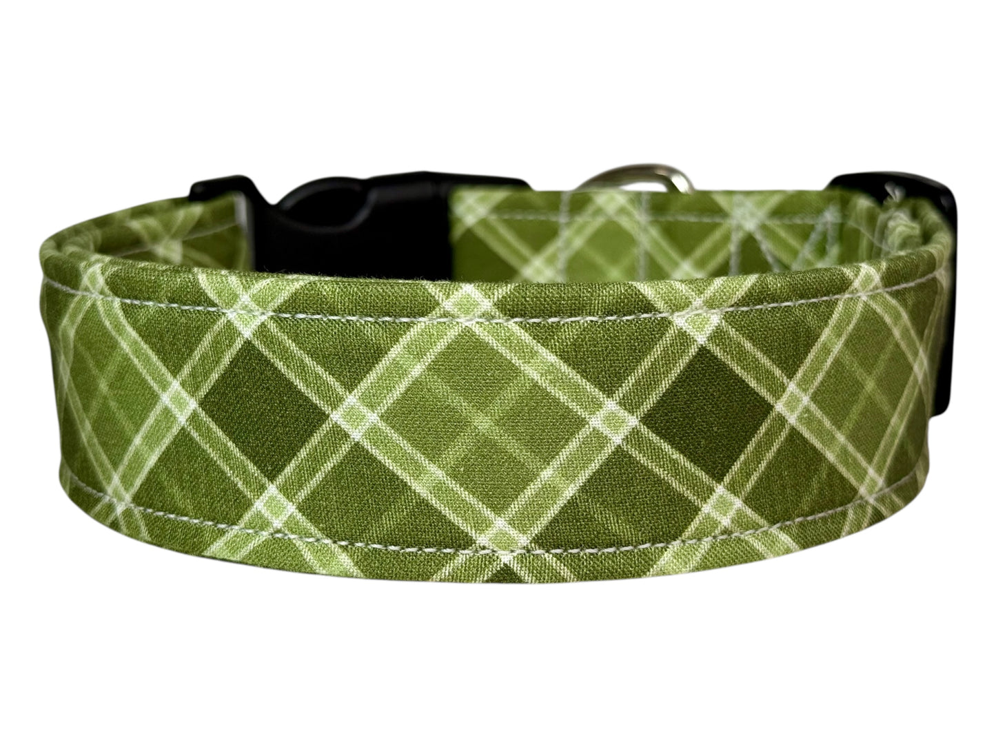 Green Plaid Handmade dog collar: Adjustable side release, washable cotton fabric, webbing core, customizable hardware