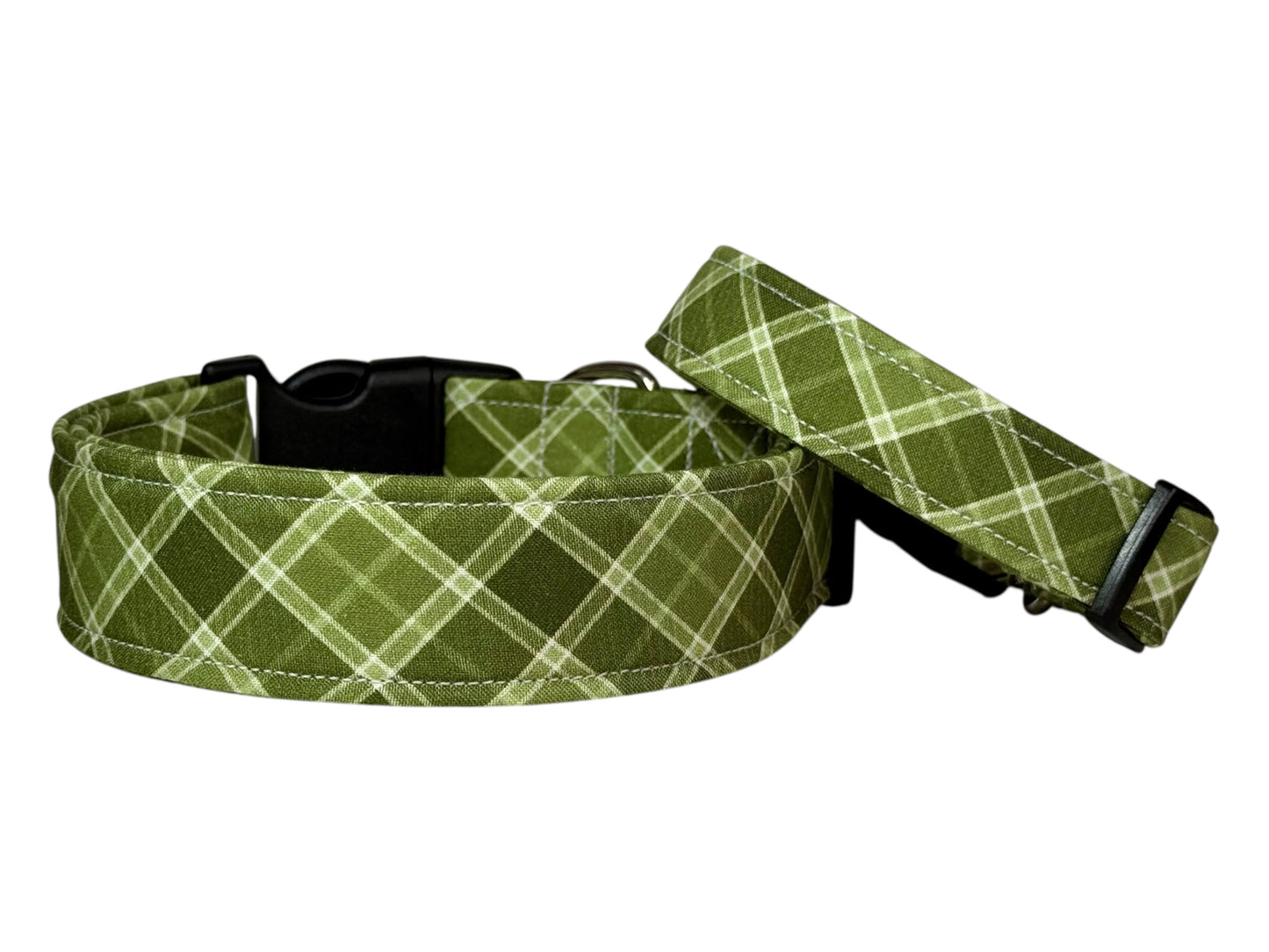 Green Plaid Handmade dog collar: Adjustable side release, washable cotton fabric, webbing core, customizable hardware