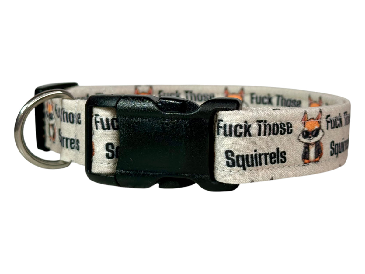 Fuck Those Squirrels Funny Handmade dog collar: Adjustable side release, washable cotton fabric, webbing core, customizable hardware
