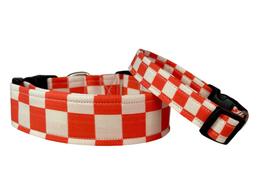 Orange and White Retro Checkered dog collar, handmade side release dog collar