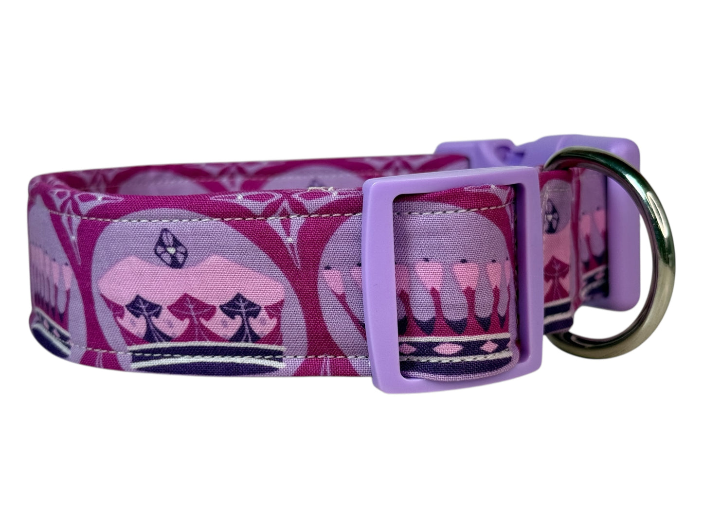 Purple Princess Crowns Handmade dog collar, Handmade Pet Collar with Heavy-Duty Webbing & Stainless Steel D ring, Washable fabric