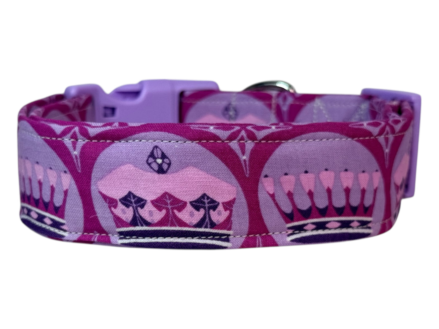 Purple Princess Crowns Handmade dog collar, Handmade Pet Collar with Heavy-Duty Webbing & Stainless Steel D ring, Washable fabric