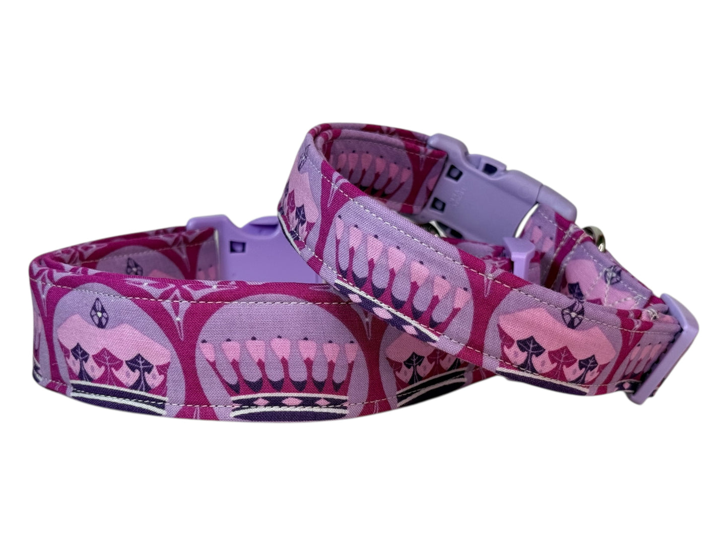Purple Princess Crowns Handmade dog collar, Handmade Pet Collar with Heavy-Duty Webbing & Stainless Steel D ring, Washable fabric