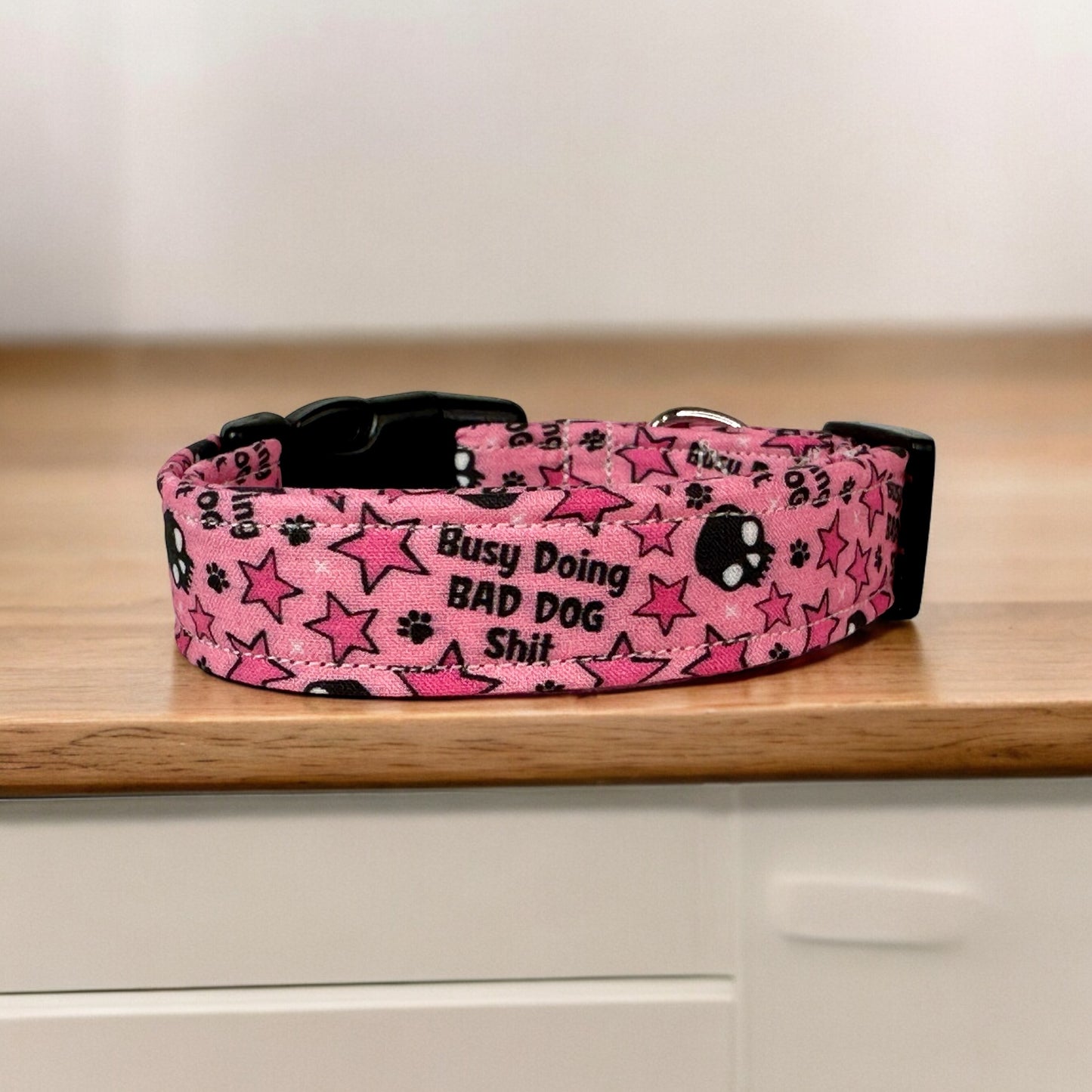Busy doing bad dog shit dog collar, standard adjustable side release - handmade