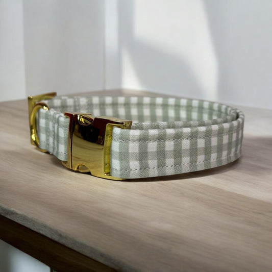 Sage Green Gingham - Personalized Engraved Dog collar - Metal Side release dog collar