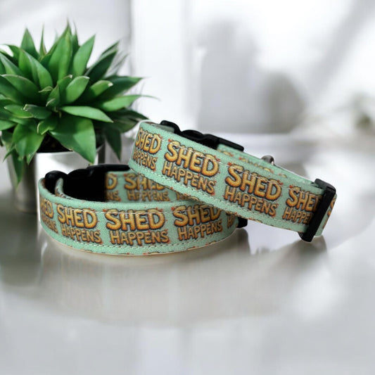 Shed Happens Dog Collar – Funny Handmade Pet Collar with Heavy-Duty Webbing & Stainless Steel Hardware