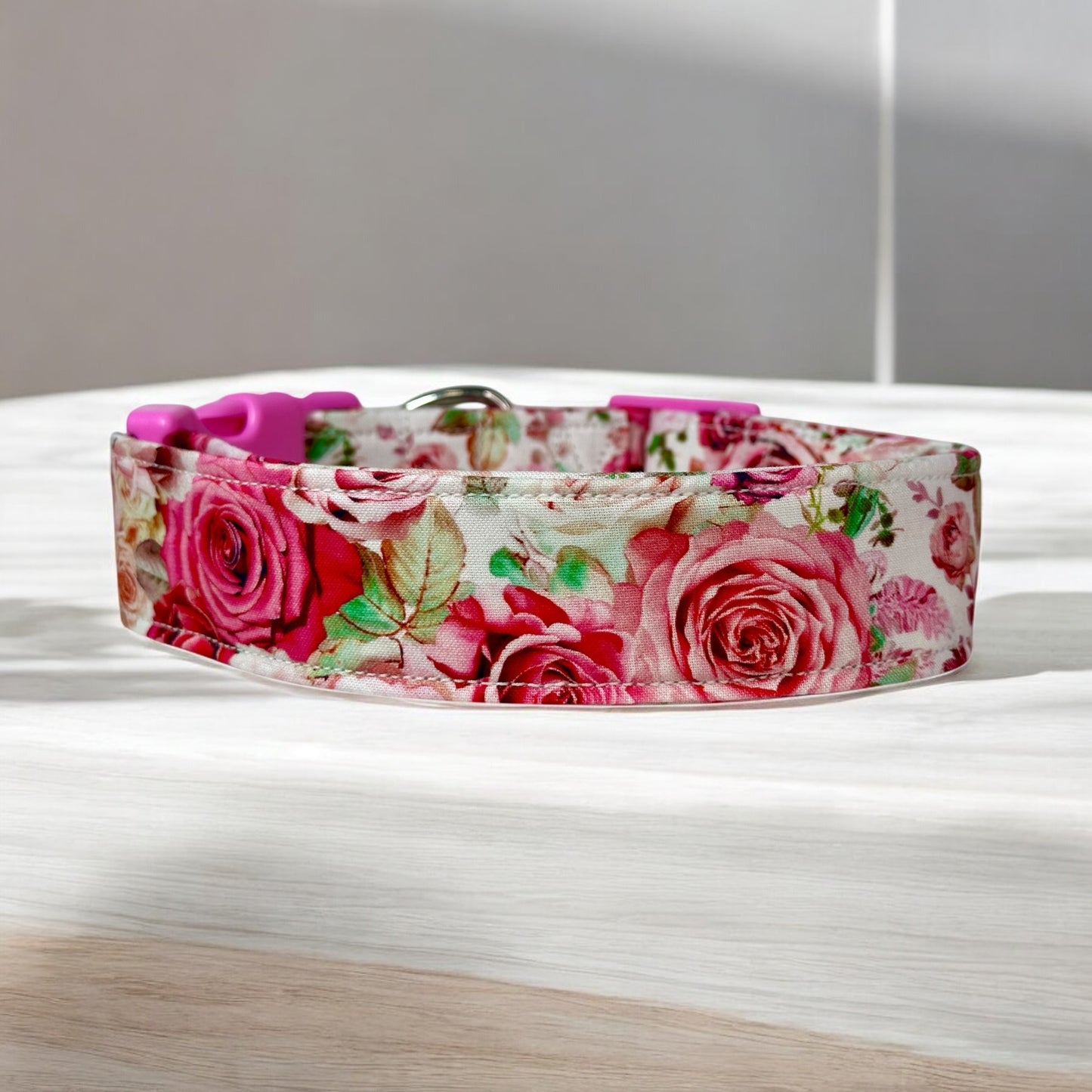 Pink Rose Dog Collar – Floral Handmade Pet Collar with Heavy-Duty Webbing & Stainless Steel Hardware