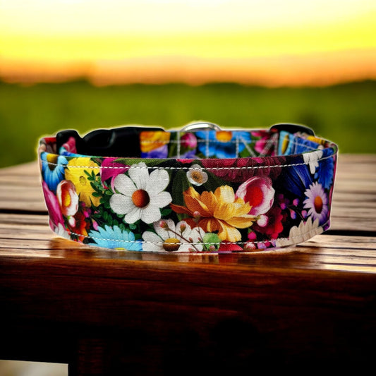 Vibrant Floral Dog Collar – Floral Handmade Pet Collar with Heavy-Duty Webbing & Stainless Steel Hardware