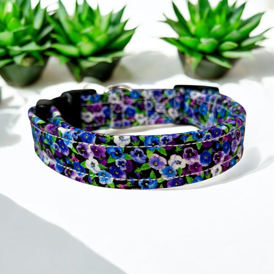 Purple Pansy Floral Dog Collar – Floral Handmade Pet Collar with Heavy-Duty Webbing & Stainless Steel Hardware