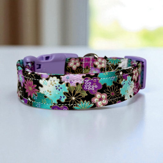 Purple and Teal Floral dog collar,  Handmade Pet Collar with Heavy-Duty Webbing & Stainless Steel Hardware