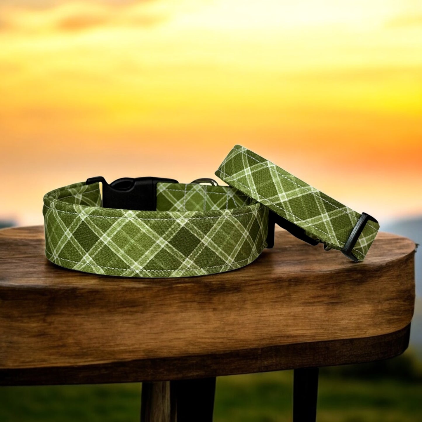 Green Plaid Handmade dog collar: Adjustable side release, washable cotton fabric, webbing core, customizable hardware