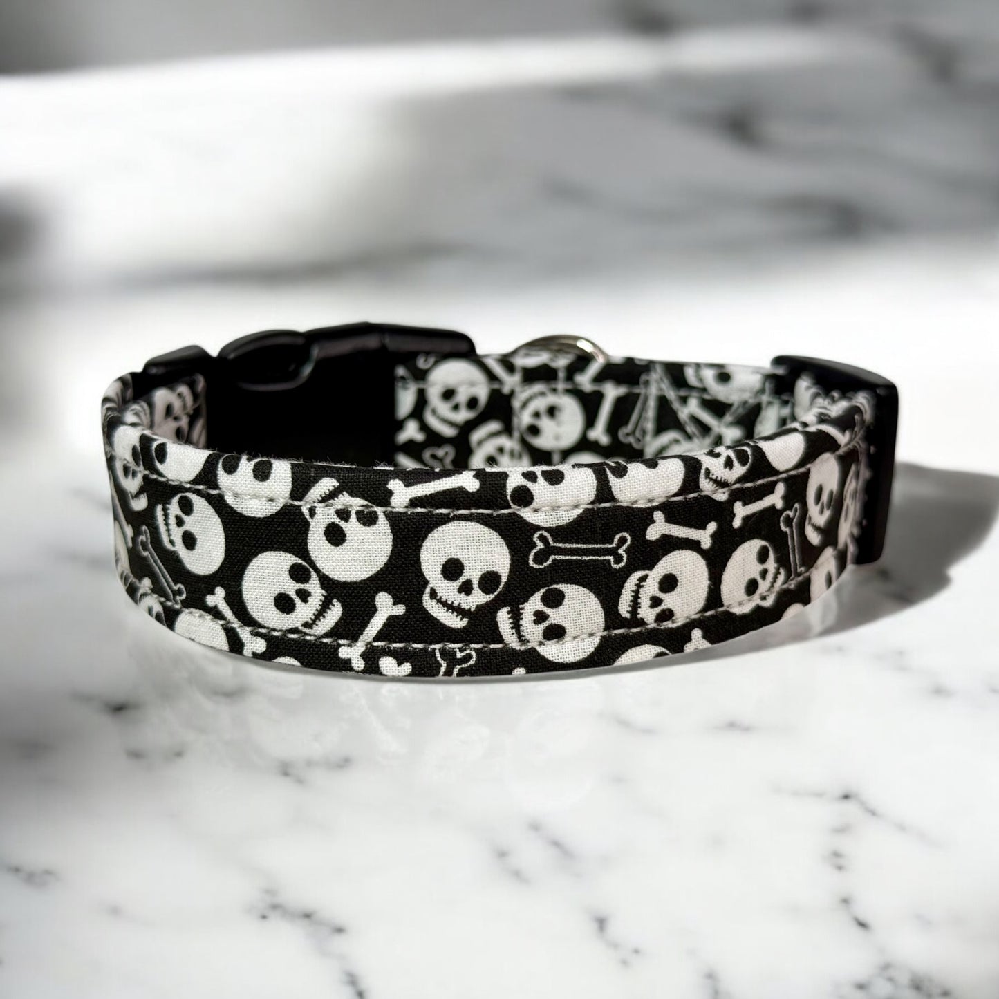 Skulls Halloween Handmade dog collar: Adjustable side release, washable cotton fabric, webbing core, customizable hardware