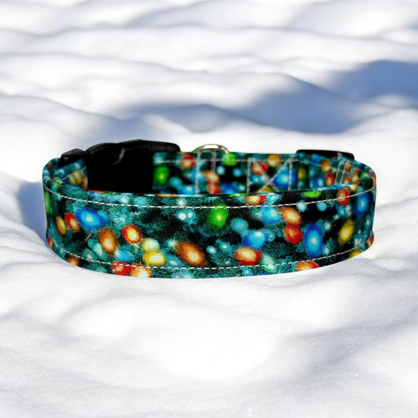 Christmas Lights Handmade dog collar: Adjustable side release, washable cotton fabric, webbing core, customizable hardware