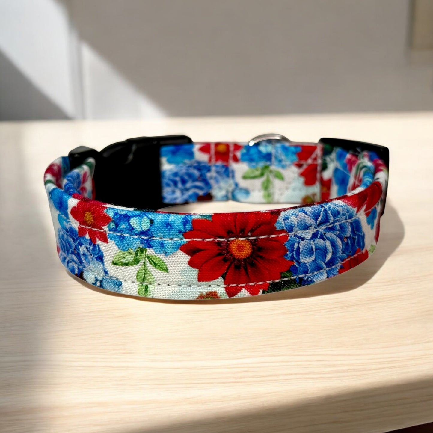 Patriotic Floral Handmade dog collar: Adjustable side release, washable cotton fabric, webbing core, customizable hardware