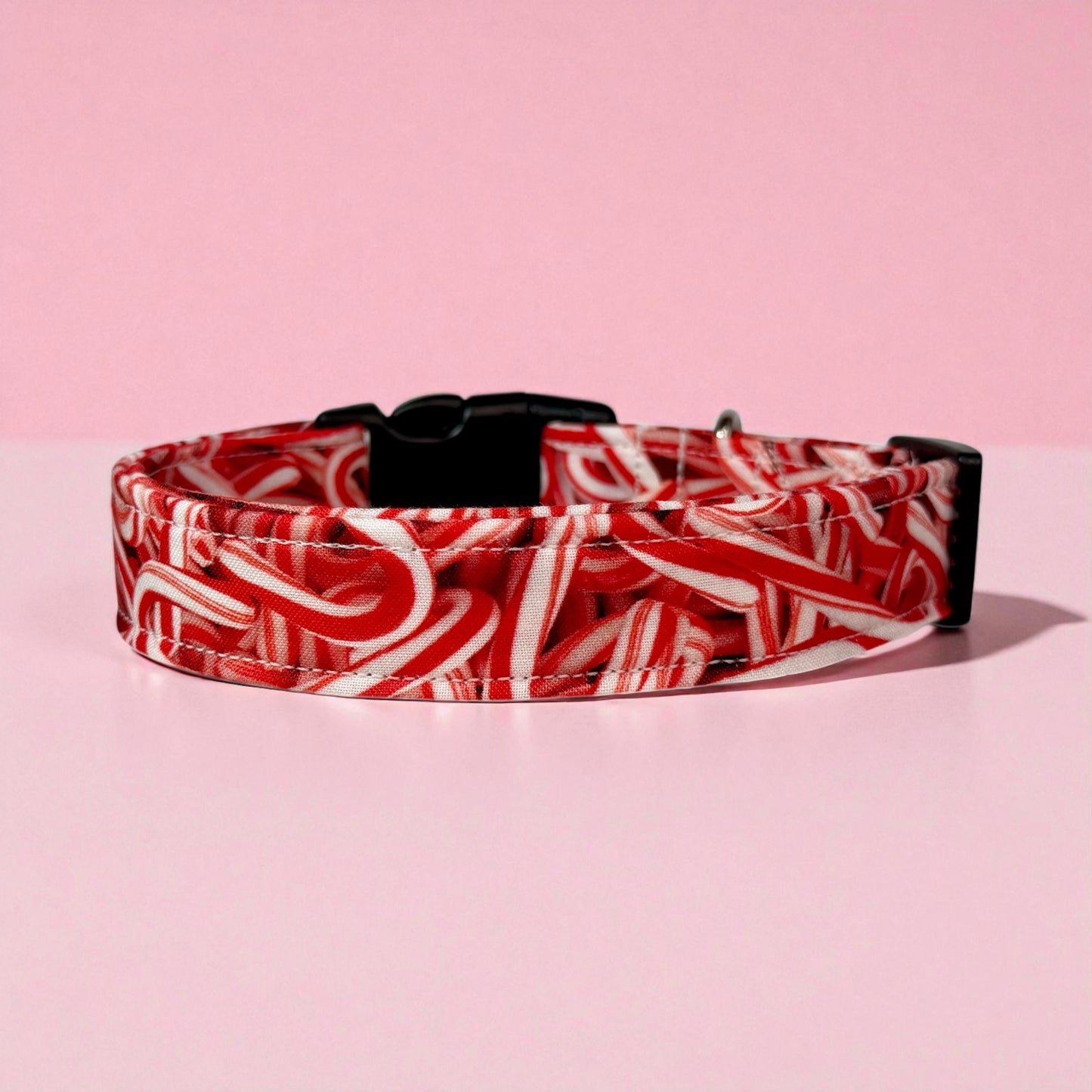 Candy Cane Christmas Handmade dog collar: Adjustable side release, washable cotton fabric, webbing core, customizable hardware