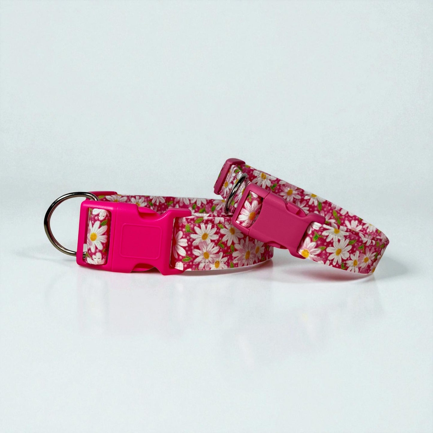Pink Daisy Floral Handmade dog collar,  Handmade Pet Collar with Heavy-Duty Webbing & Stainless Steel Hardware