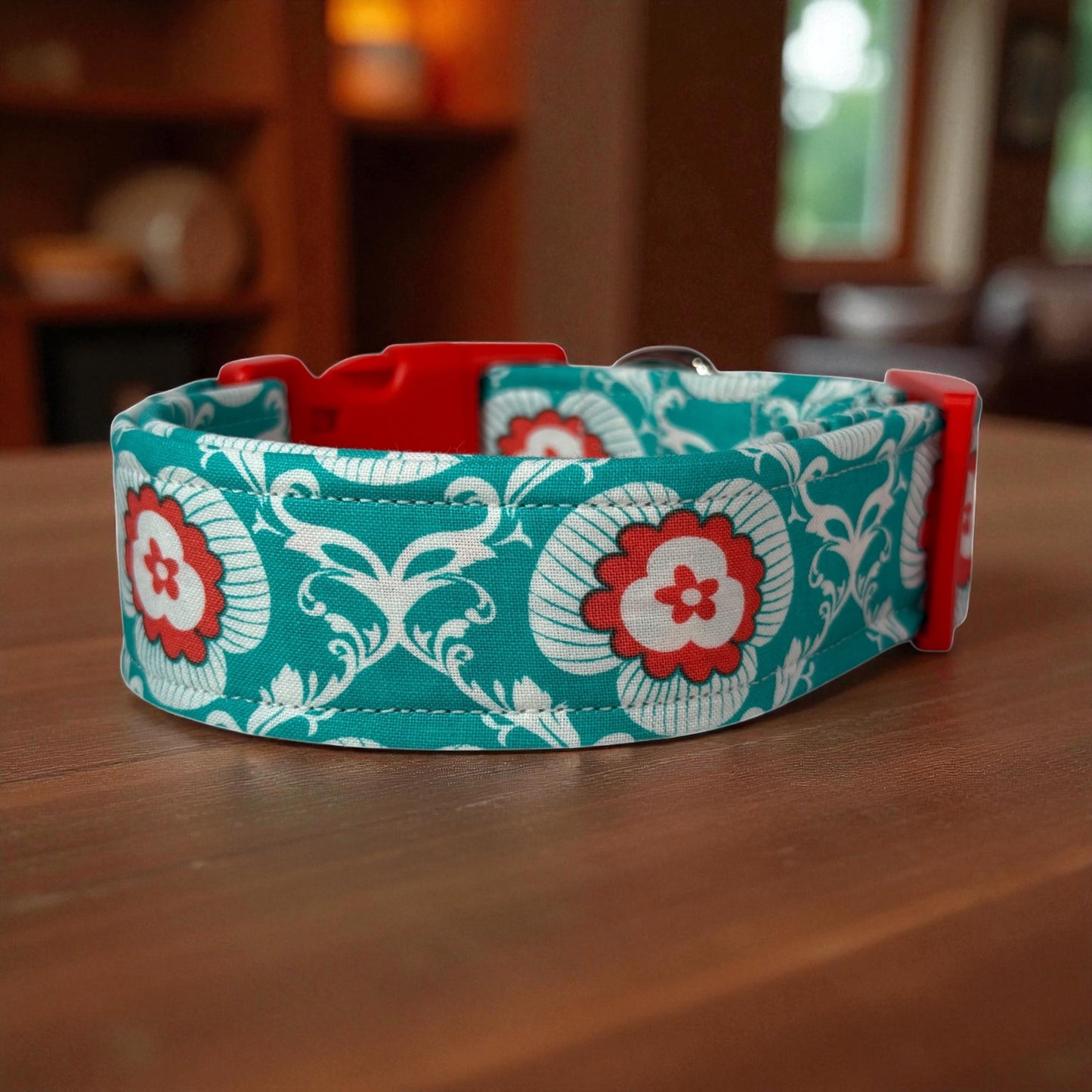 Turquoise and Orange Floral Handmade dog collar,  Handmade Pet Collar with Heavy-Duty Webbing & Stainless Steel Hardware