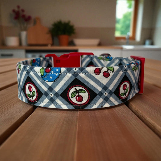 Country Cherry Food Handmade dog collar,  Handmade Pet Collar with Heavy-Duty Webbing & Stainless Steel Hardware