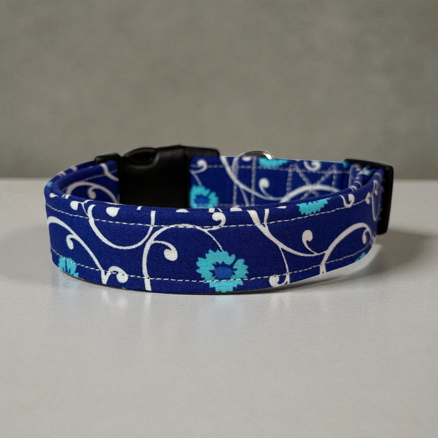 Blue and White Floral Handmade dog collar,  Handmade Pet Collar with Heavy-Duty Webbing & Stainless Steel Hardware