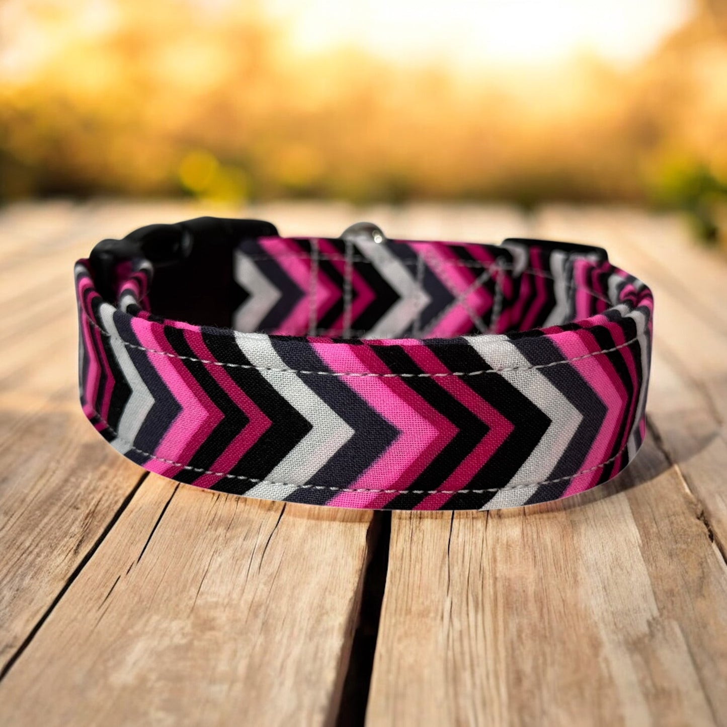 Pink White and Gray Handmade dog collar,  Handmade Pet Collar with Heavy-Duty Webbing & Stainless Steel Hardware