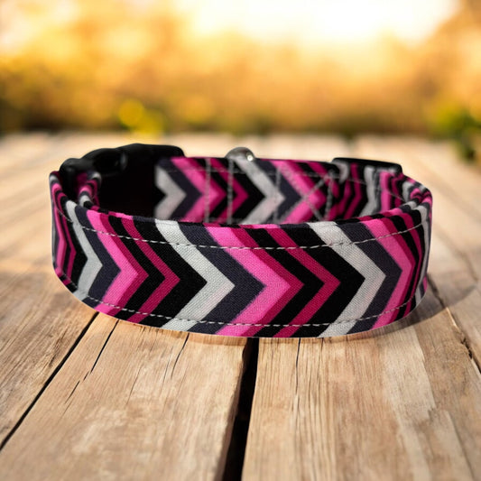 Pink White and Gray Handmade dog collar,  Handmade Pet Collar with Heavy-Duty Webbing & Stainless Steel Hardware