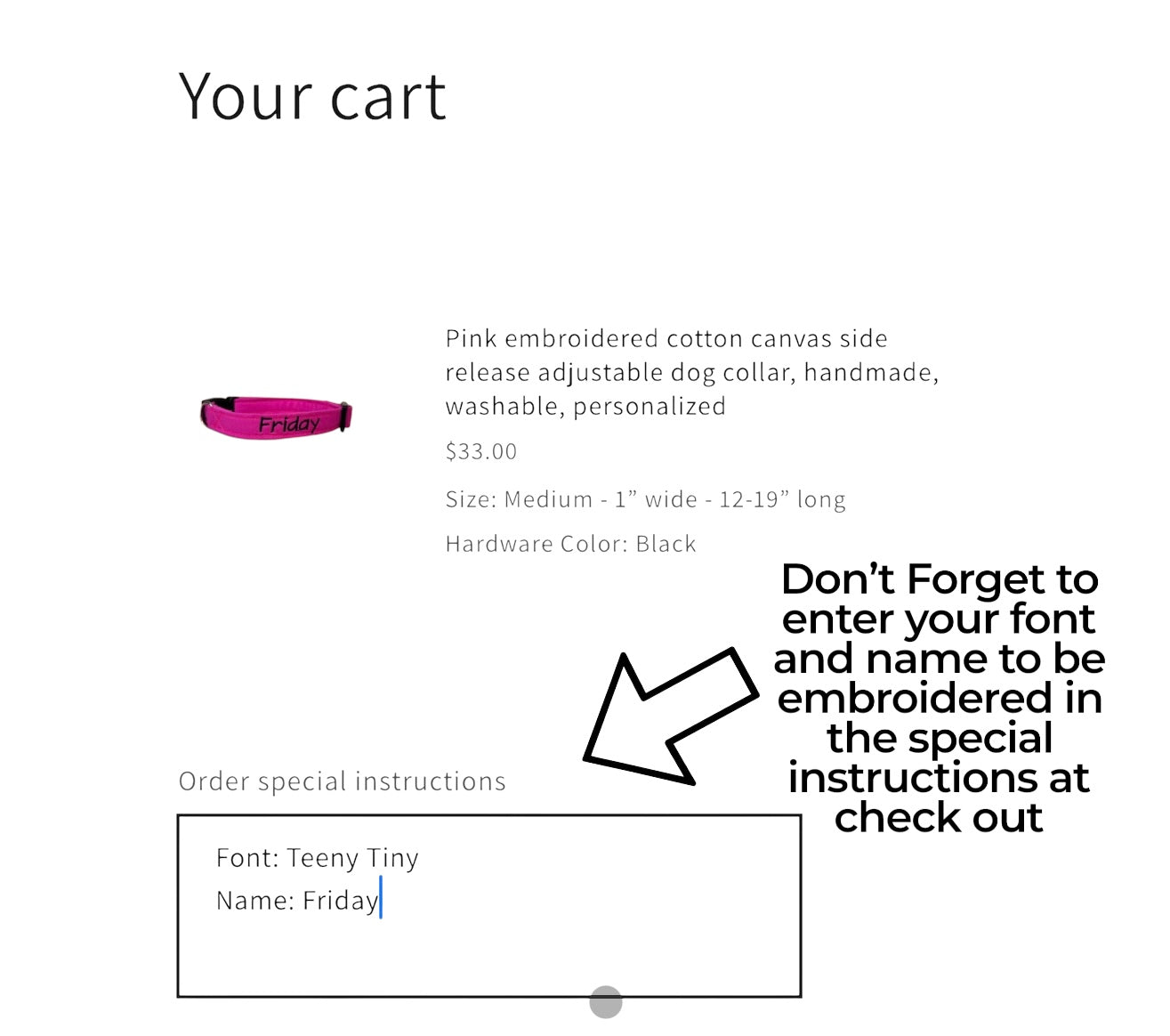 Pink embroidered cotton canvas side release adjustable dog collar, handmade, washable, personalized