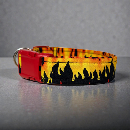 Flames Handmade dog collar,  Handmade Pet Collar with Heavy-Duty Webbing & Stainless Steel Hardware