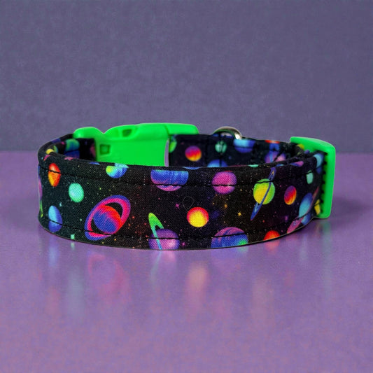 Neon Planets Handmade dog collar,  Handmade Pet Collar with Heavy-Duty Webbing & Stainless Steel Hardware