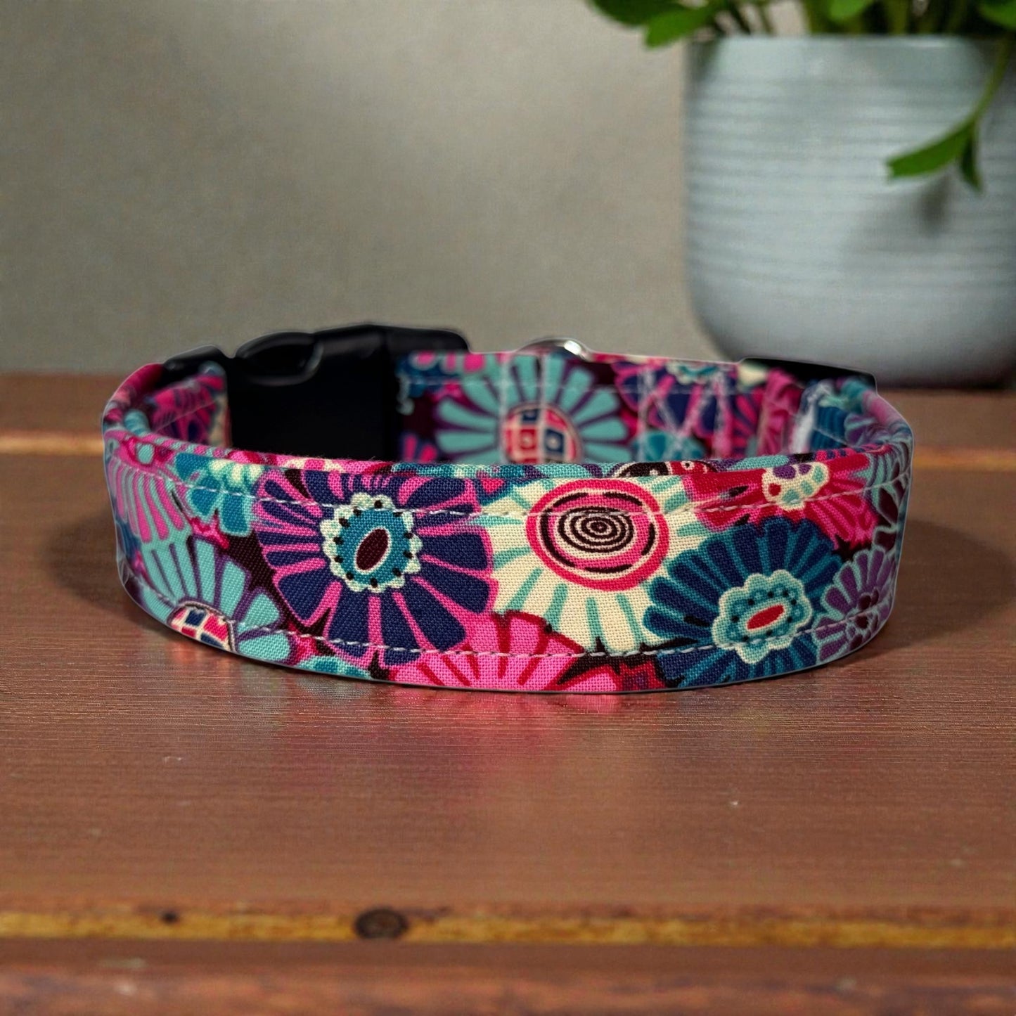 Floral Dog collar, Pink, teal and blue, Handmade dog collar,  Handmade Pet Collar with Heavy-Duty Webbing & Stainless Steel Hardware