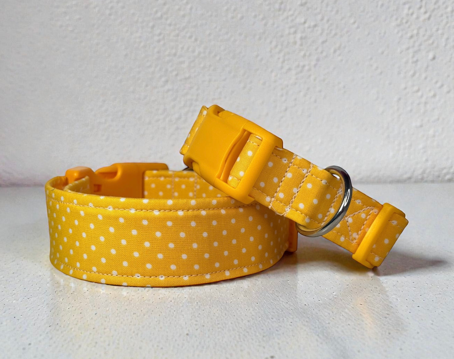 Yellow Polka Dot Handmade dog collar, adjustable side release, Handmade Pet Collar with Heavy-Duty Webbing, washable fabric