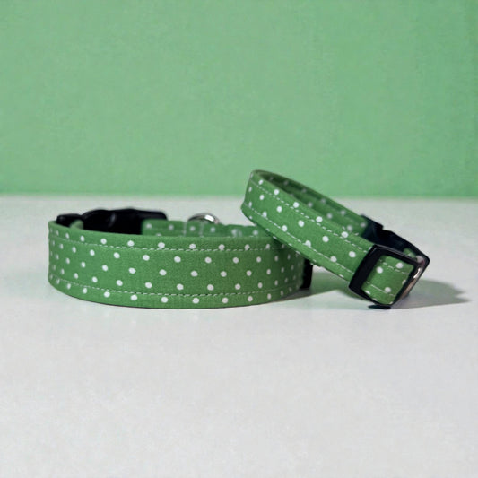 Green Polka Dot Handmade dog collar, adjustable side release, Handmade Pet Collar with Heavy-Duty Webbing, washable fabric